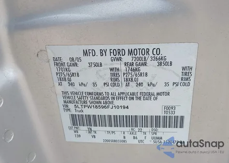 2006 Lincoln Mark Lt z USA, uszkodzony, nr VIN 5LTPW18596FJ10194